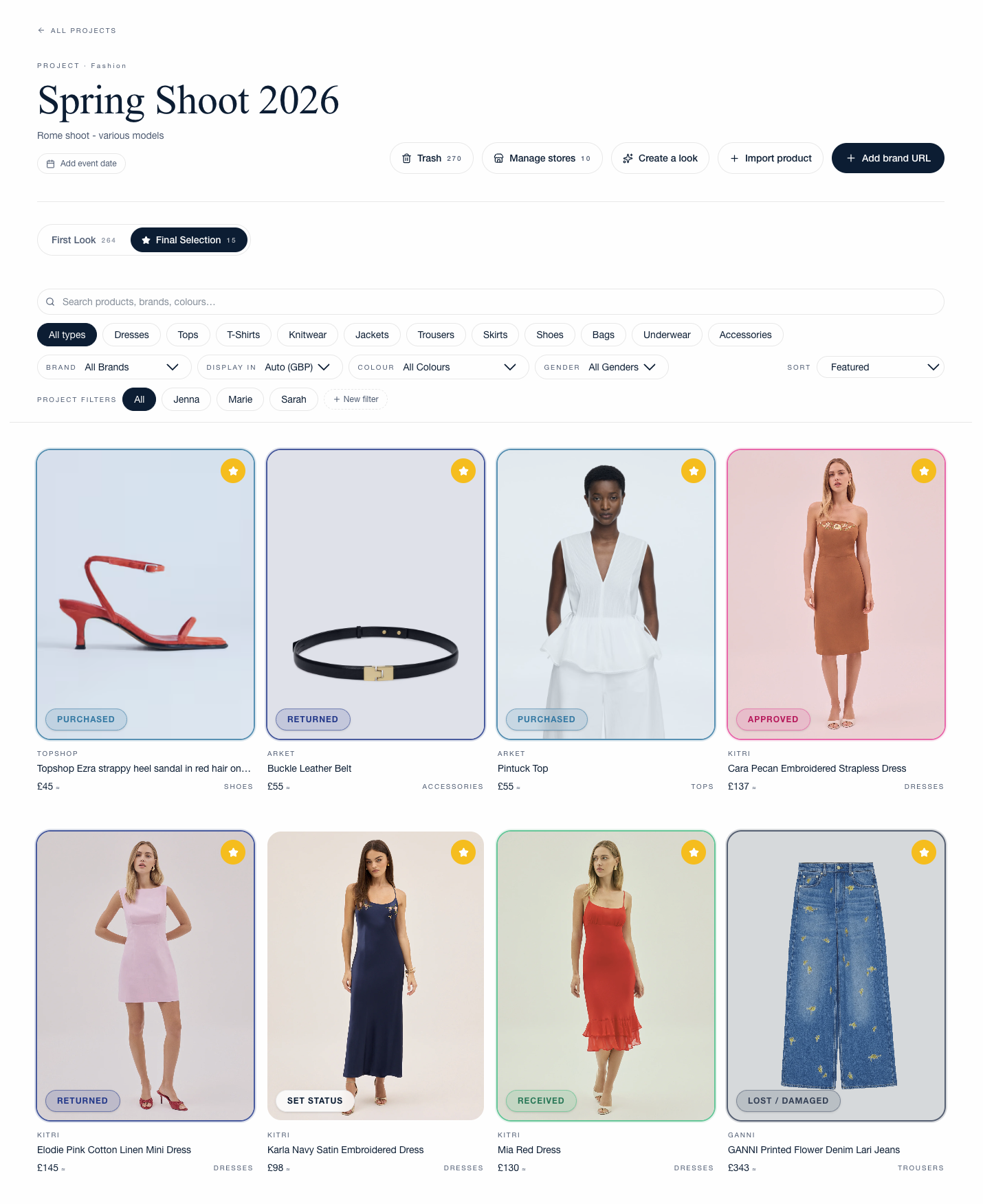 orda project view showing product grid, filters and tagging
